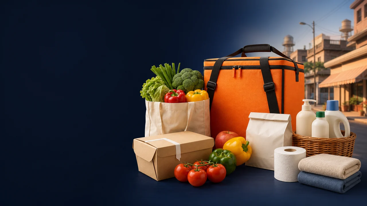 Fresh food and household essentials beside an orange delivery bag
